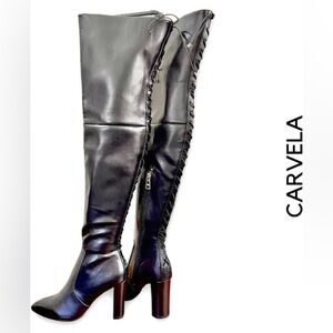 KURT Geiger Pointed Toe Knee High Lace-Up Black Leather High Block Heeled Boots